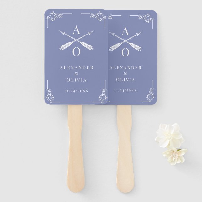 Leque Periwinkle Monograma e Arrows - Favor de Casamento (Frente e Verso)