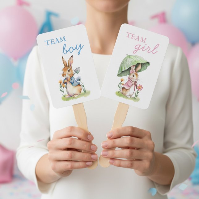 Leque Peter Rabbit Team Girl or Team Boy Baby Reveal (Peter Rabbit storybook themed gender reveal hand fans)