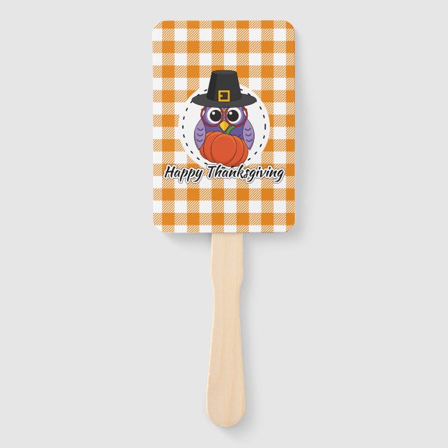 Leque Pilgrim Owl em Orange Xadrez - Feliz Ação de Graça (Frente)