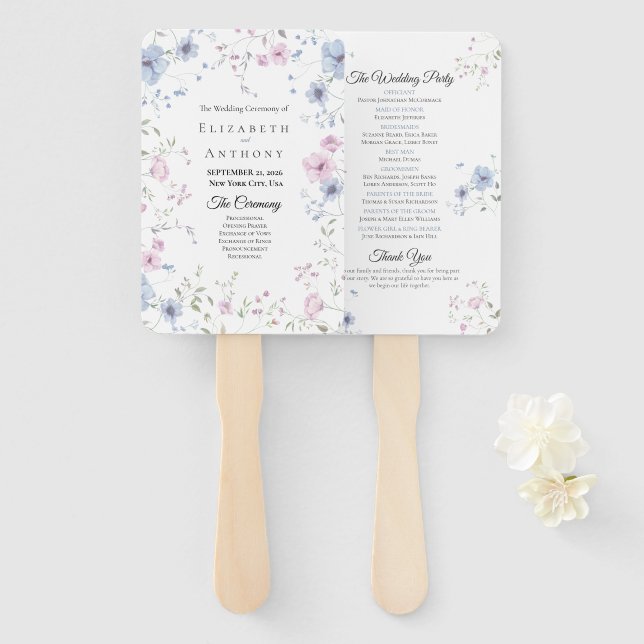 Leque Pink & Dusty Blue Watercolor Floral Wedding  (Frente e Verso)
