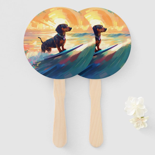 Leque Pintura de surfe na praia de Dachshund (Frente e Verso)