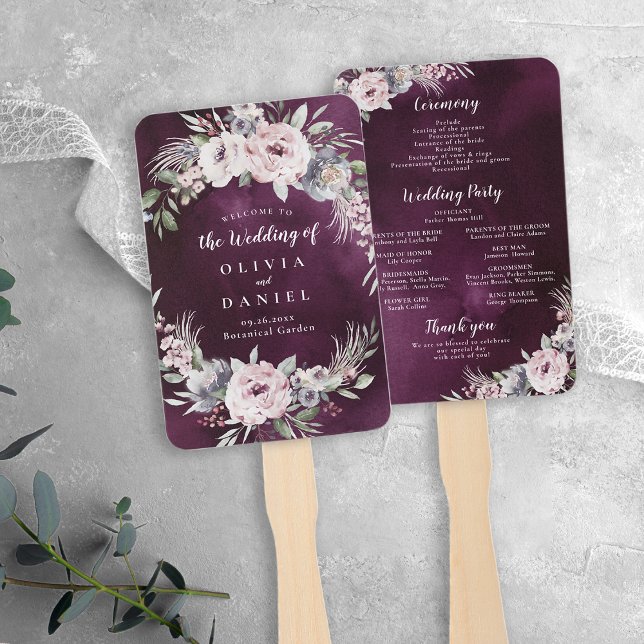Leque Plum & posty pink boho floral programa de casament (Plum & dusty pink boho floral wedding program hand fan)