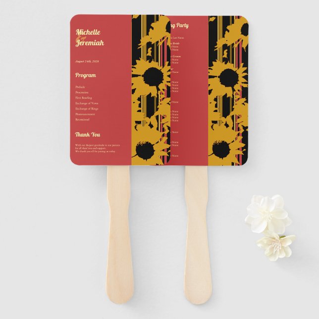 Leque Pôr do Sol Girassol Coral Ouro Casamento Moderno (Frente e Verso)