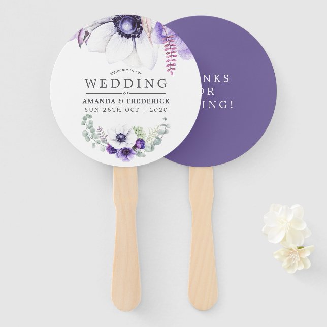 Leque Presente Floral Violeta Empoeirada para Casamento  (Frente e Verso)