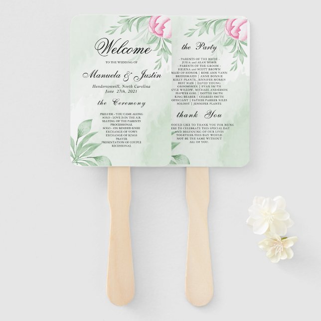 Leque Programa Casamento Boho Watercolor Eucalyptus (Frente e Verso)