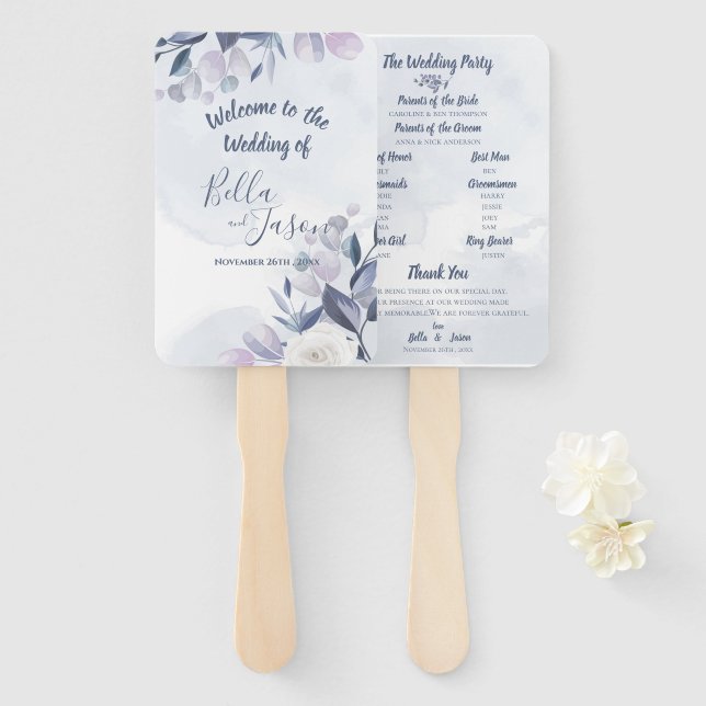 Leque Programa Casamento Cobra Aquarela Dusty Blue Flora (Frente e Verso)