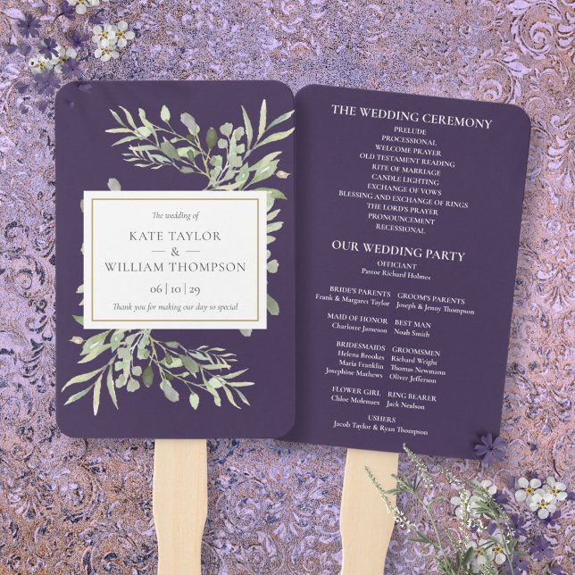 Leque Programa Casamento com Lavanda verde (Purple Lavender Greenery Wedding Program Hand Fan)