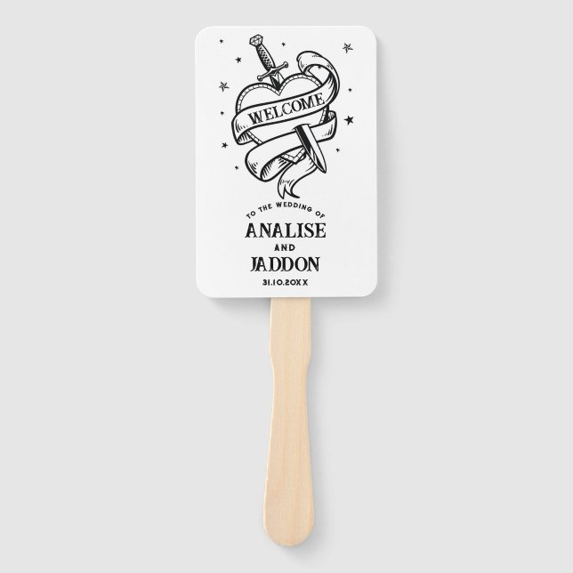 Leque Programa Casamento Corações Tatuagem Tradicional (Frente)