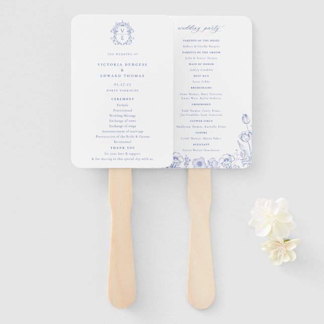 Leque Programa Casamento de Monogramas de Crest Azul Reg (Frente e Verso)