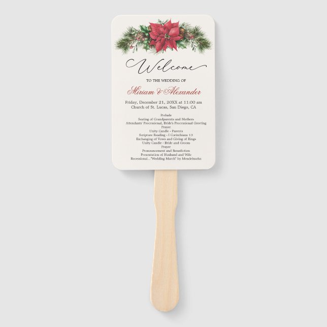 Leque Programa Casamento de Poinsettia Pine Cones Holly (Frente)