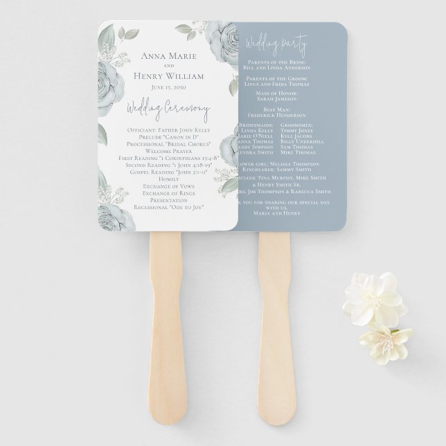 Leque Programa Casamento Elegante Dusty Blue Floral (Frente e Verso)