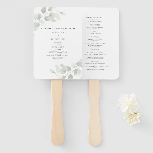 Leque Programa Casamento Eucalyptus Greenery (Frente e Verso)