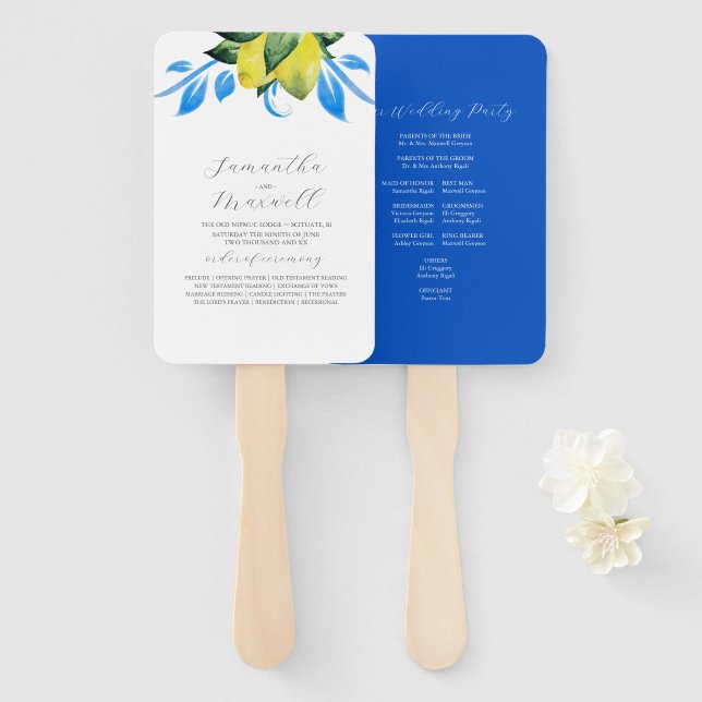 Leque Programa Casamento Fan Botanical Lemons Sai (Frente e Verso)