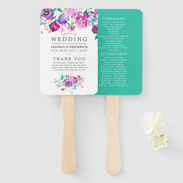 Leque Programa Casamento Floral de Roxo e Mint (Frente e Verso)