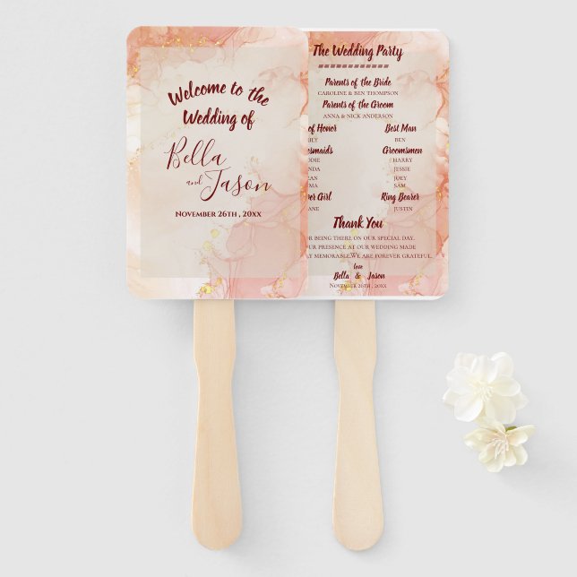 Leque Programa Casamento Peach Dourado Orange Marble Par (Frente e Verso)