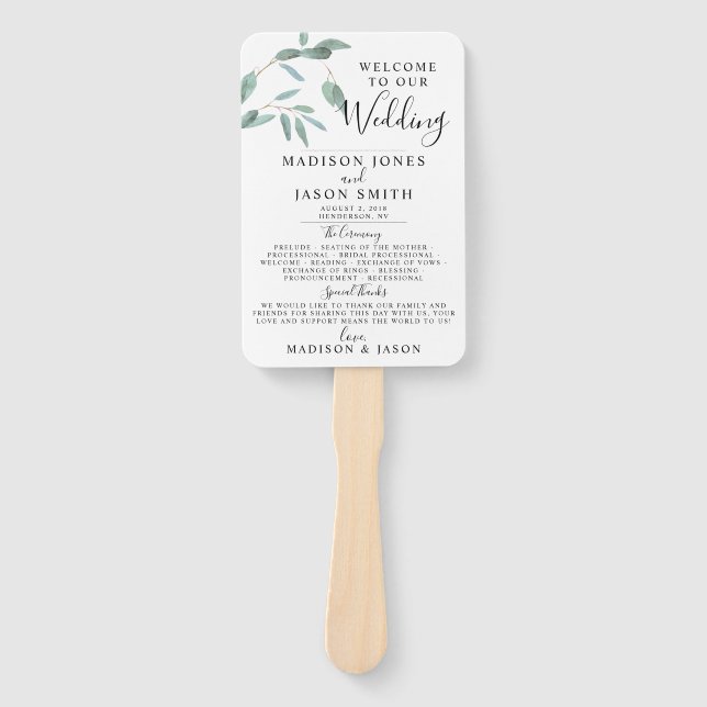 Leque Programa Casamento Simples Eucalyptus Leaf (Frente)