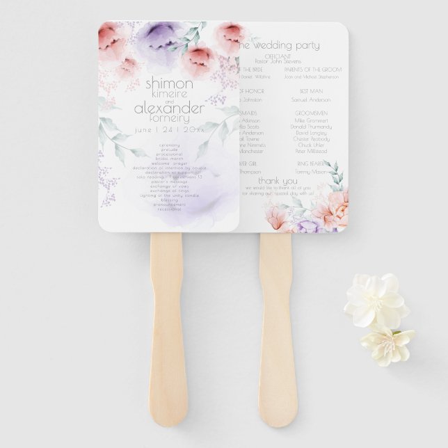 Leque Programa Casamento | Trendy Coral Aquarelle Peonie (Frente e Verso)