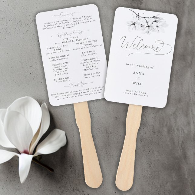Leque Programa Clássico de Casamento Branco Negro da Mag (Classic Magnolia Wedding Program Hand Fan Black and White Formal Traditional Elegant Modern Classic)
