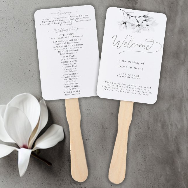 Leque Programa Clássico de Casamento de Arte Branca Magn (Magnolia Wedding Program Hand Fan Black and White Art Elegant Modern Classic)