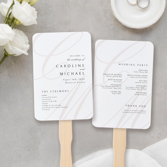 Leque Programa Clássico de Casamento do Monograma do Scr (Classic Elegance Script Monogram Wedding Program Hand Fan)