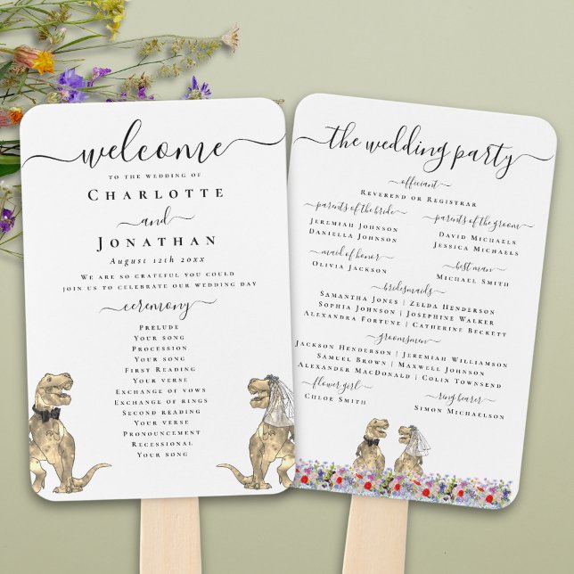 Leque Programa da Cerimônia de Casamento com Tema de Din (Funny dinosaur bride and groom custom wedding ceremony program fans Watercolor wildflower meadow )