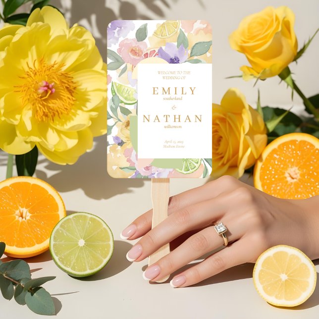 Leque Programa de Aquarela de Casamento entre Frutas e F (Citrus Fruit & Florals Wedding Watercolor Program Hand Fan)