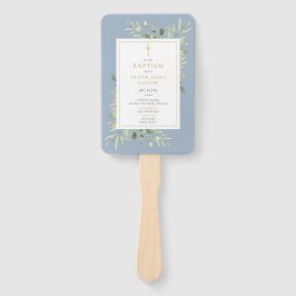 Leque Programa de Batismo em Azul Poeira Folhagem Verde