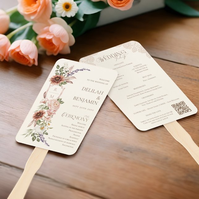 Leque Programa de Boho Floral do País Ocidental (Country Western Boho Floral Wedding Day Program Hand Fan (Front & Back))