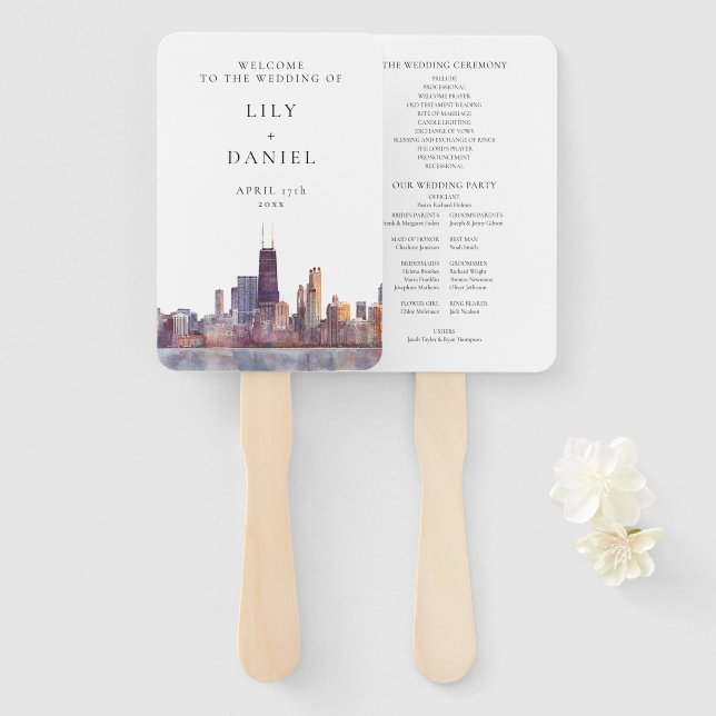 Leque Programa de Casamento Aquarela da Silhueta de Chic (Frente e Verso)