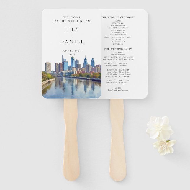 Leque Programa de Casamento Aquarela da Silhueta de Fila (Frente e Verso)