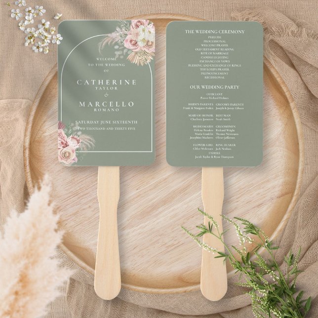Leque Programa de Casamento Arco de Grama de Pampas Verd (Sage Green Boho Pampas Grass Arch Wedding Program Hand Fan)