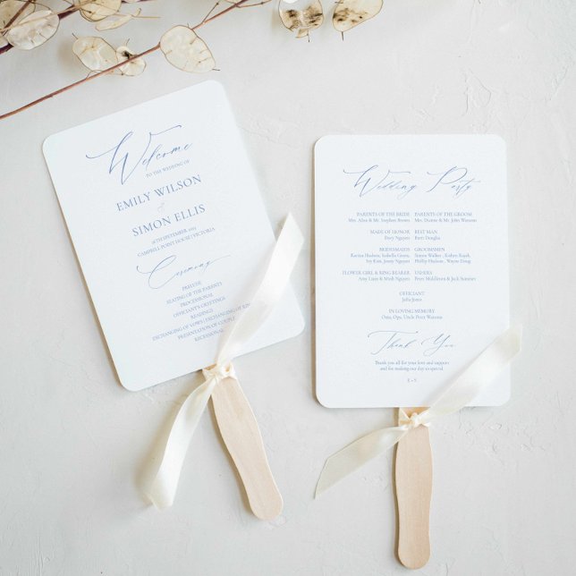 Leque Programa de Casamento Azul de Dusty Elegante Moder (dusty blue wedding fan program, classy minimalist dusty blue wedding fan, elegant script wedding)