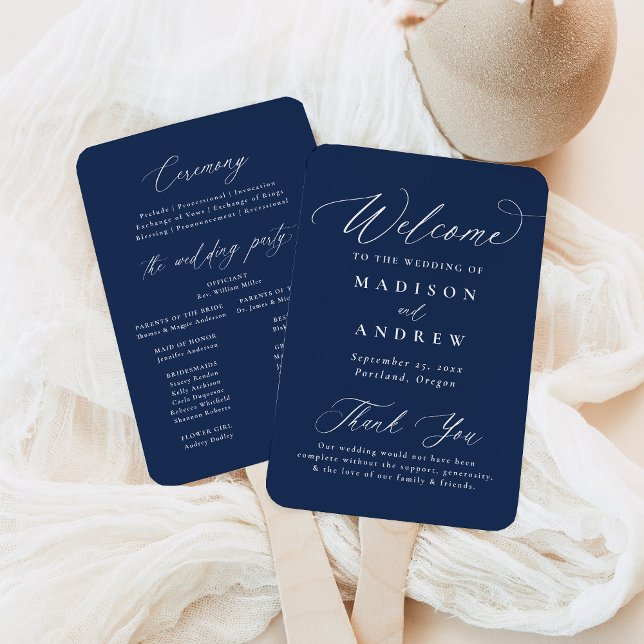 Leque Programa de Casamento Azul-Marinho com Caligrafia  (Criador carregado)