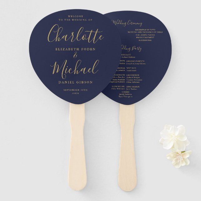 Leque Programa de Casamento Azul Marinho Dourado com Cal (Frente e Verso)