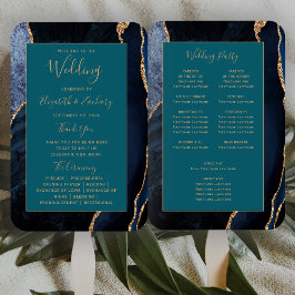 Leque Programa de Casamento Azul Naval Ágata Dourado Ver