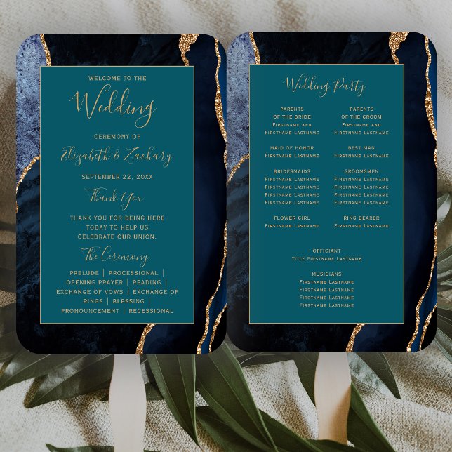 Leque Programa de Casamento Azul Naval Ágata Dourado Ver (Criador carregado)