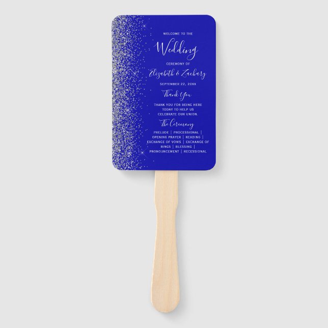 Leque Programa de Casamento Azul Real Brilho Prata (Frente)