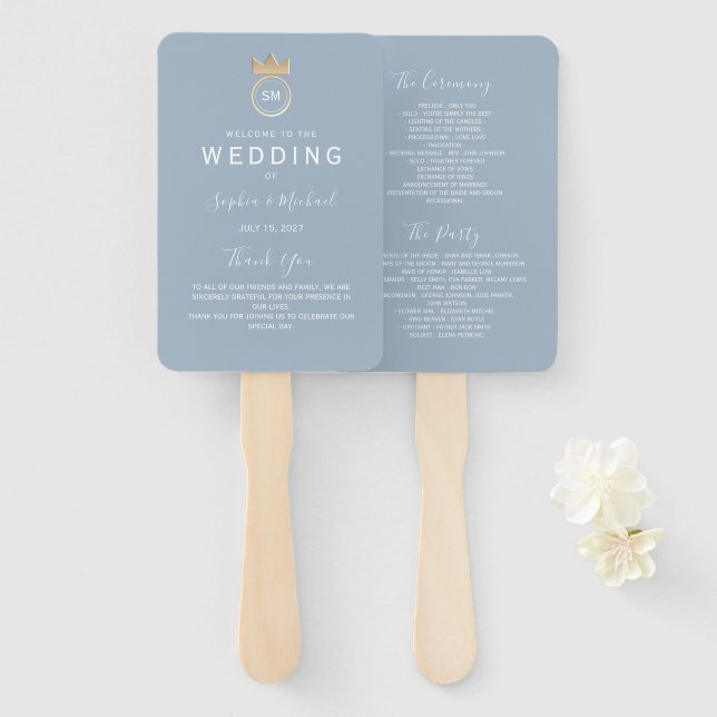Leque Programa de Casamento Azul Simples Dusty (Frente e Verso)