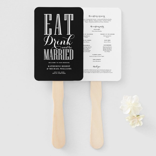 Leque Programa de Casamento Black Eat Drink and Be Marri (Frente e Verso)