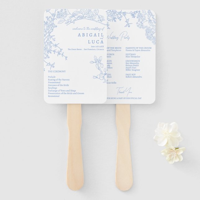 Leque Programa de Casamento Blue Chinoiserie Toile de Jo (Frente e Verso)