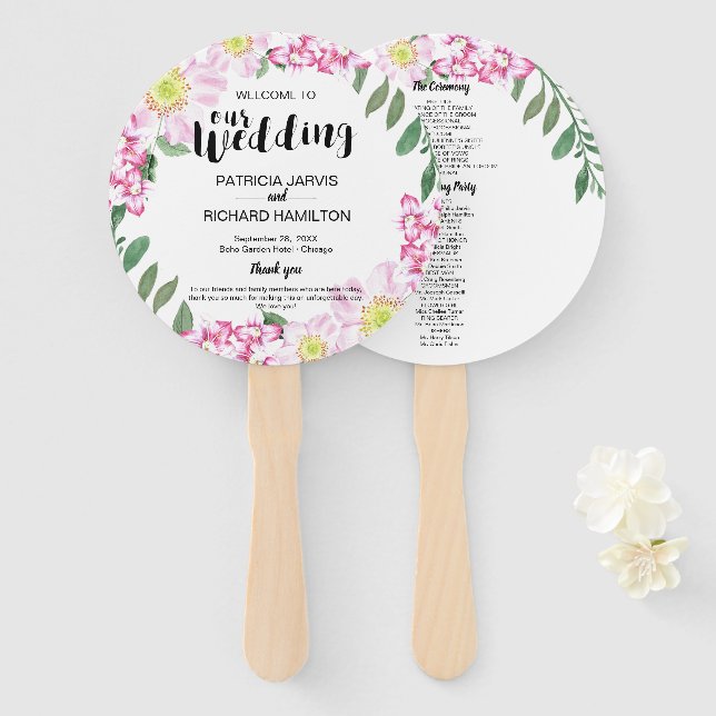Leque Programa de Casamento Boho Floral com Rosas Rosas  (Frente e Verso)