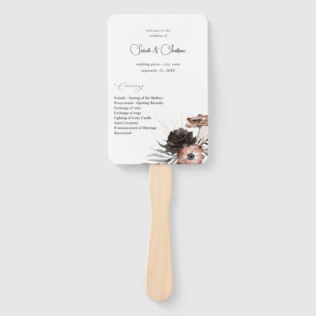 Leque Programa de Casamento Boho Floral Preto & Natural  (Frente)