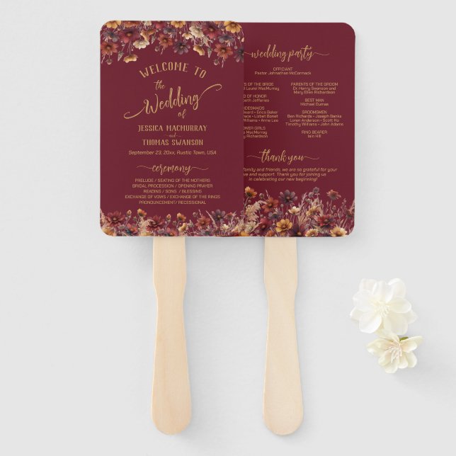 Leque Programa de Casamento Boho Flores Silvestres Burgu (Frente e Verso)