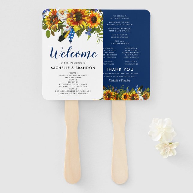 Leque Programa de Casamento Boho Girassol Azul Marinho R (Frente e Verso)