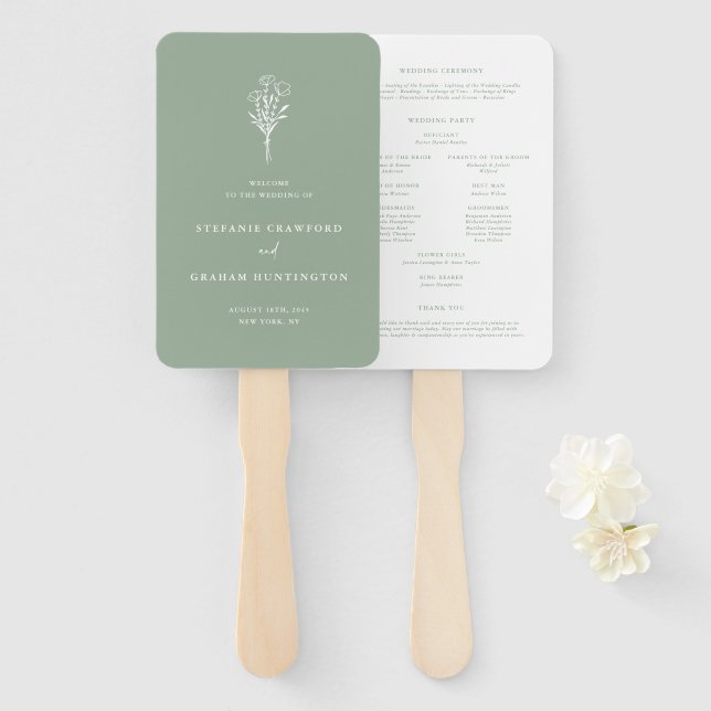 Leque Programa de Casamento Boho Minimalista Botânico Ve (Frente e Verso)