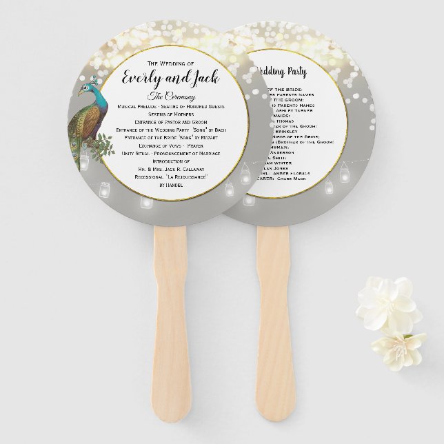 Leque Programa de Casamento Boho Pavão Cinza Dourado Tur (Frente e Verso)