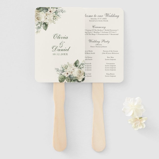 Leque Programa de Casamento Boho Sage Verde e Flores de  (Frente e Verso)