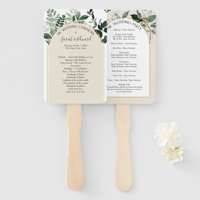 Leque Programa de Casamento botânico Beige Ivory Boho Ar (Frente e Verso)