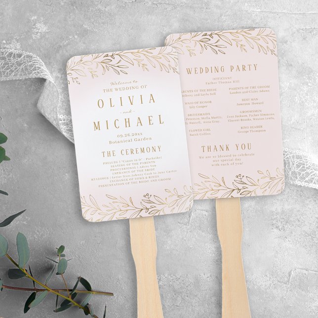 Leque Programa de casamento botânico de ouro escamoteado (Elegant blush gold botanical wedding program hand fan)