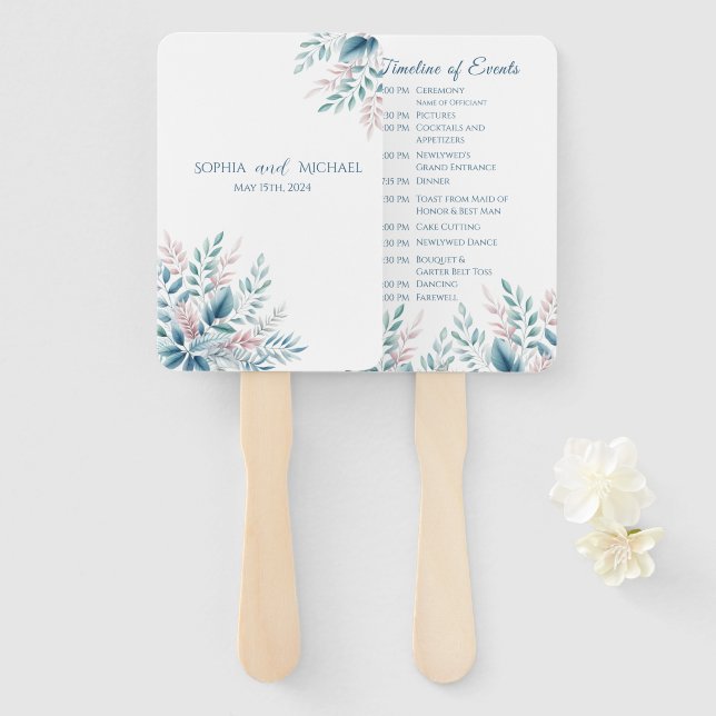 Leque Programa de Casamento Botânico Pastel (Frente e Verso)